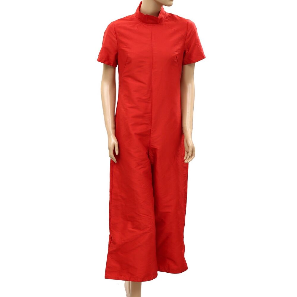 Frances Valentine Short Sleeves Wide Leg Jumpsuit Dress Solid Red XS 288252